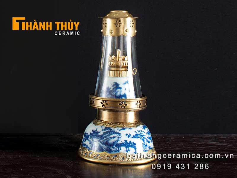 Đèn dầu sơn thủy xanh lam 36cm phong thủy tài lộc đèn thờ 