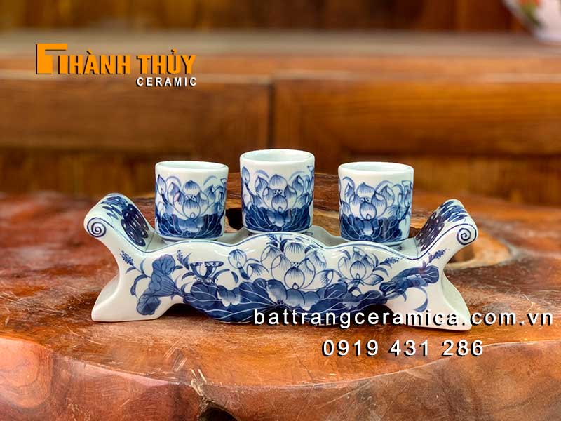 Kỷ 3 chén bàn thờ vẽ sen cao cấp chuẩn đẹp quà tặng ý nghĩa