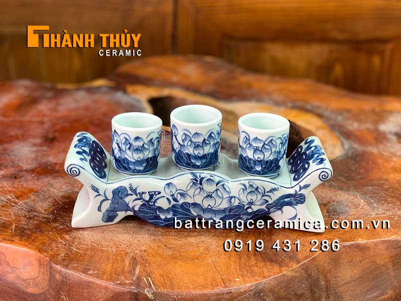 Kỷ 3 chén bàn thờ vẽ sen cao cấp chuẩn đẹp quà tặng ý nghĩa 