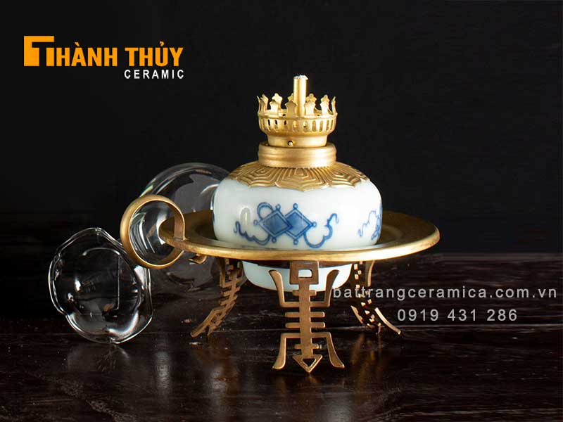 Đèn thờ men xanh lam 22cm phong thủy đẹp tăng tài lộc