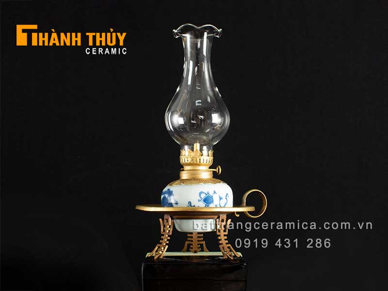 Đèn thờ men xanh lam 22cm phong thủy đẹp tăng tài lộc 