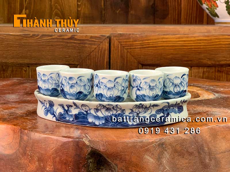 Kỷ 5 chén bàn thờ hoa sen cao cấp Bát Tràng sang trọng