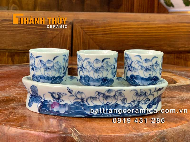Kỷ 3 chén nước thờ hoa sen cao cấp gốm Bát Tràng đẹp sang trọng