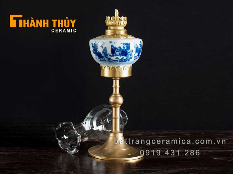 Đèn bàn thờ trúc lâm thất hiền 35cm men xanh phong thủy