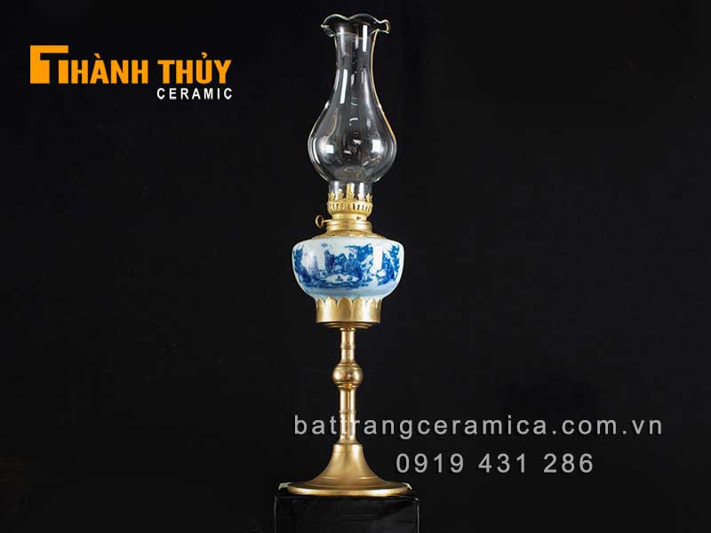 Đèn bàn thờ trúc lâm thất hiền 35cm men xanh phong thủy 