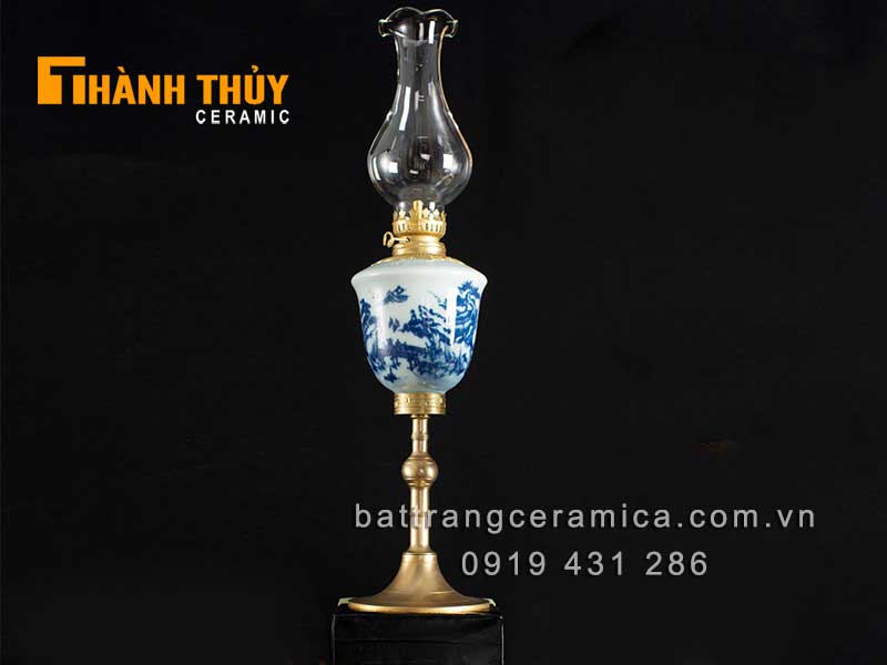 Đèn dầu men lam vẽ sơn thủy 35cm phong thủy đẳng cấp