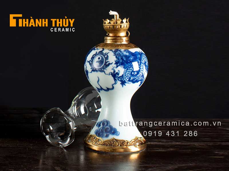 Đèn dầu Bát Tràng sơn thủy 28cm decor nhà đẹp, sang trọng