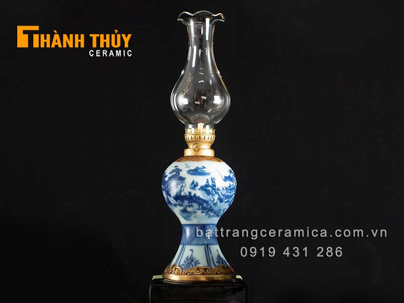 Đèn dầu Bát Tràng sơn thủy 28cm decor nhà đẹp, sang trọng 