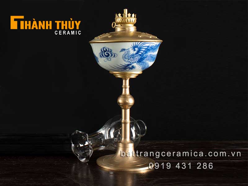 Đèn bát phượng men xanh lam 38cm đẹp phong thủy