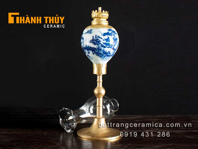 Đèn dầu quả lê 31cm xanh lam phong thủy thờ cúng đẹp