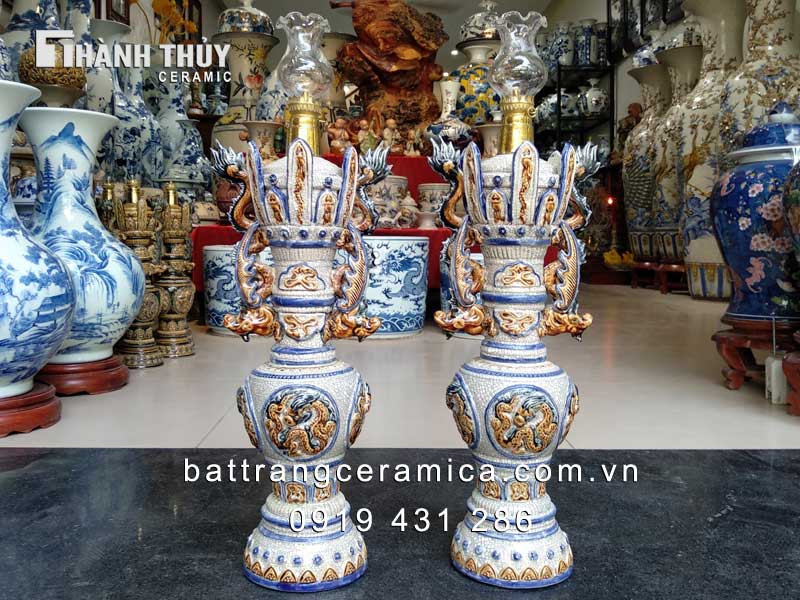 Đèn dầu giả cổ thời Mạc men rạn 55 cm độc đáo sang trọng