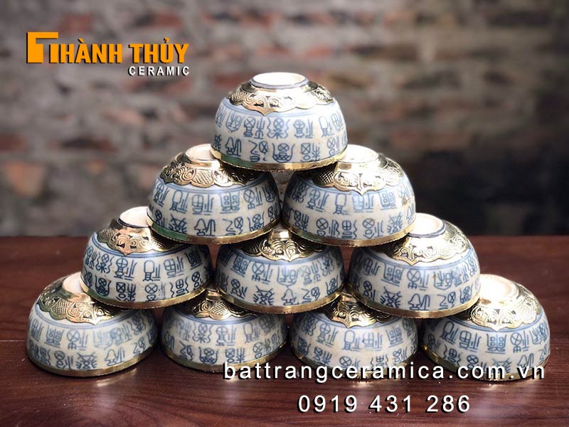 Bộ bát đĩa thờ chữ thọ Bát Tràng men rạn sang trọng tinh xảo 