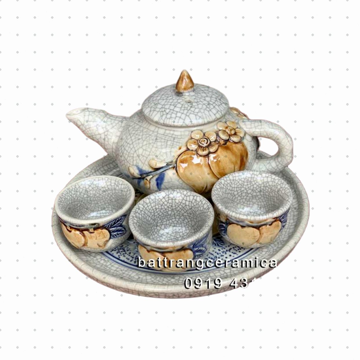 Ấm chén thờ men rạn đắp nổi Bát Tràng sang trọng mua ngay 