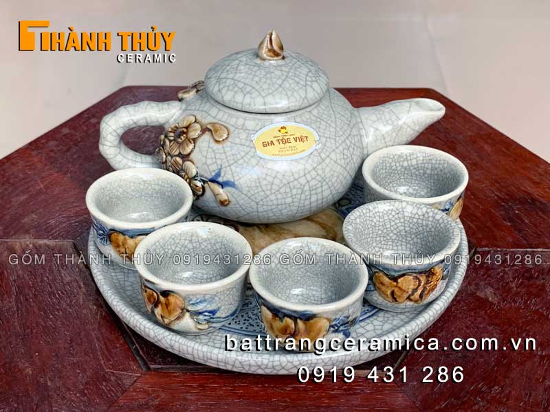 Ấm trà thờ men rạn nổi 5 chén Gốm sứ Bát Tràng cao cấp