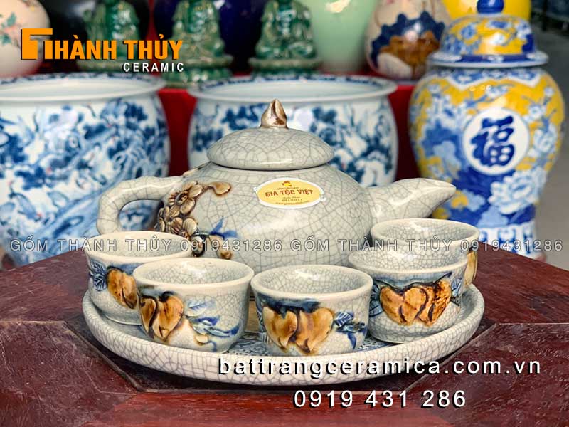 Ấm trà thờ men rạn nổi 5 chén Gốm sứ Bát Tràng cao cấp