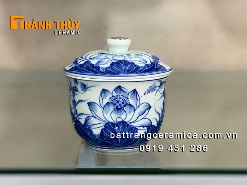 Bát sâm thờ men Lam hoa Sen Bát Tràng Gốm sứ chuẩn đẹp 
