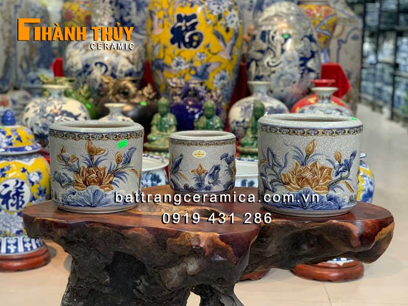 Bát hương men rạn đắp nổi hoa sen cao cấp phi 20cm thờ cúng