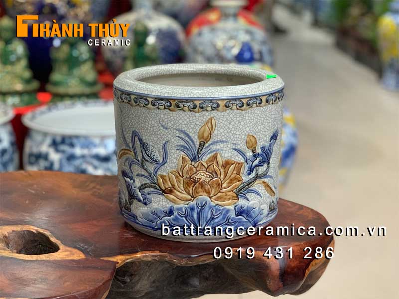 Bát hương đắp nổi hoa Sen 18 cm Bát Tràng độc đáo chuẩn phong thủy
