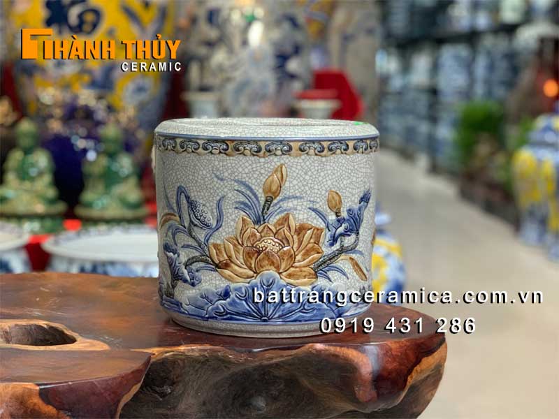 Bát hương đắp nổi hoa Sen 18 cm Bát Tràng độc đáo chuẩn phong thủy