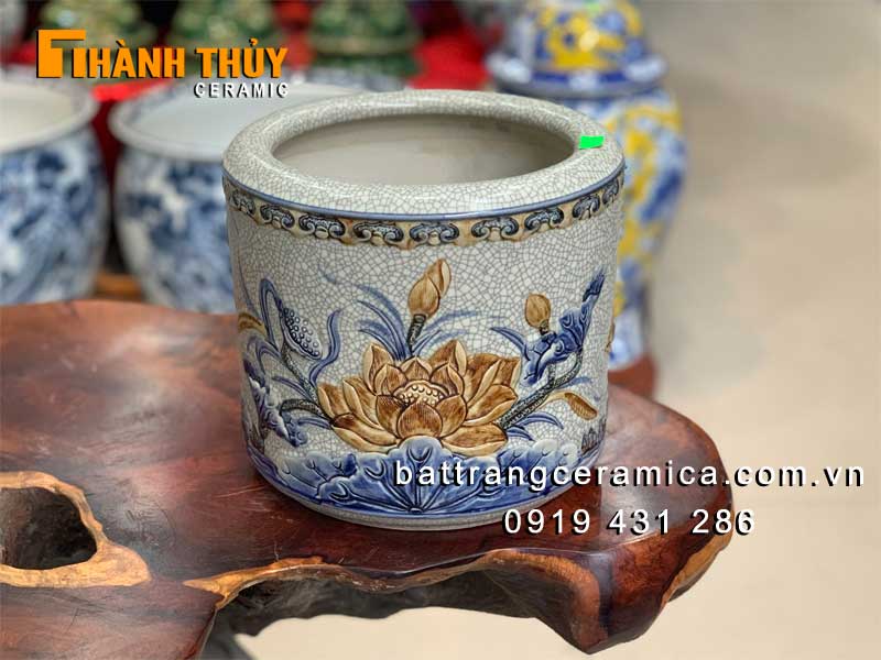 Bát hương đắp nổi hoa Sen 18 cm Bát Tràng độc đáo chuẩn phong thủy