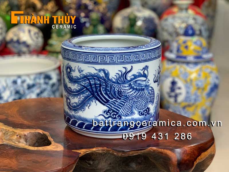 Bát hương Rồng Phượng xanh Lam 16cm chuẩn Bát Tràng may mắn 