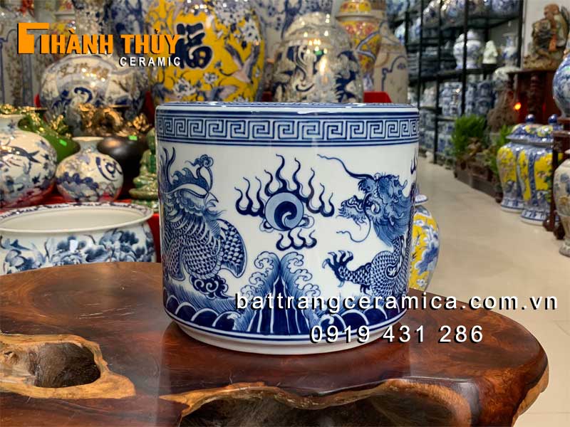 Bát hương Rồng Phượng xanh Lam 16cm chuẩn Bát Tràng may mắn