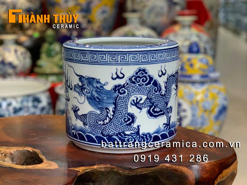 Bát hương Rồng Phượng men Lam 20cm phong thủy may mắn
