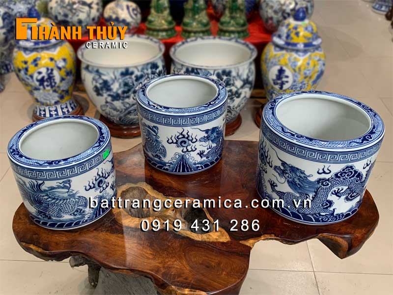 Bát hương Rồng Phượng men Lam 20cm phong thủy may mắn