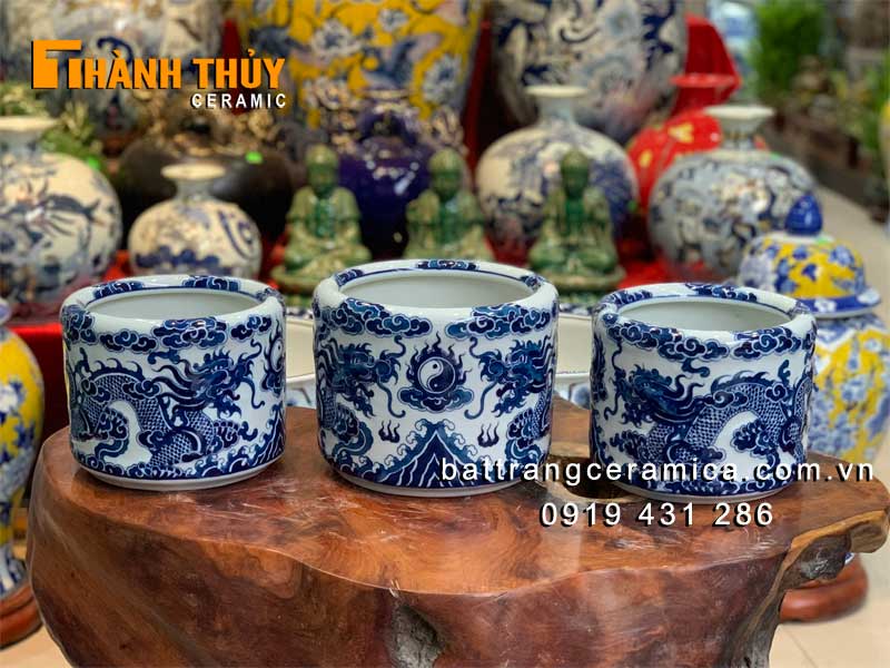 Bát hương xanh Lam Rồng nổi 16 cm đồ thờ Bát Tràng đẹp tinh xảo