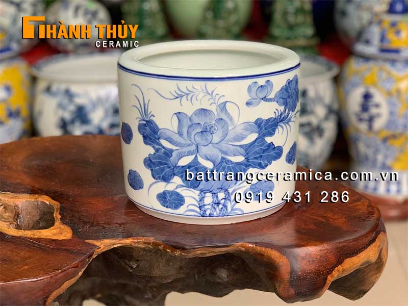 Bát hương men Lam vẽ tay hoa sen 18cm gốm sứ Bát Tràng