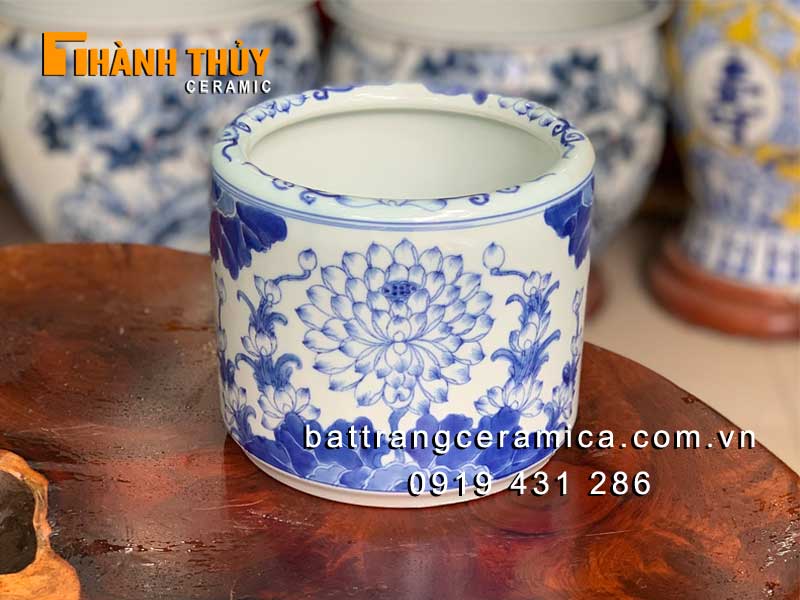 Bát hương hoa sen men Lam cổ phi 16cm gốm sứ Bát Tràng bền đẹp