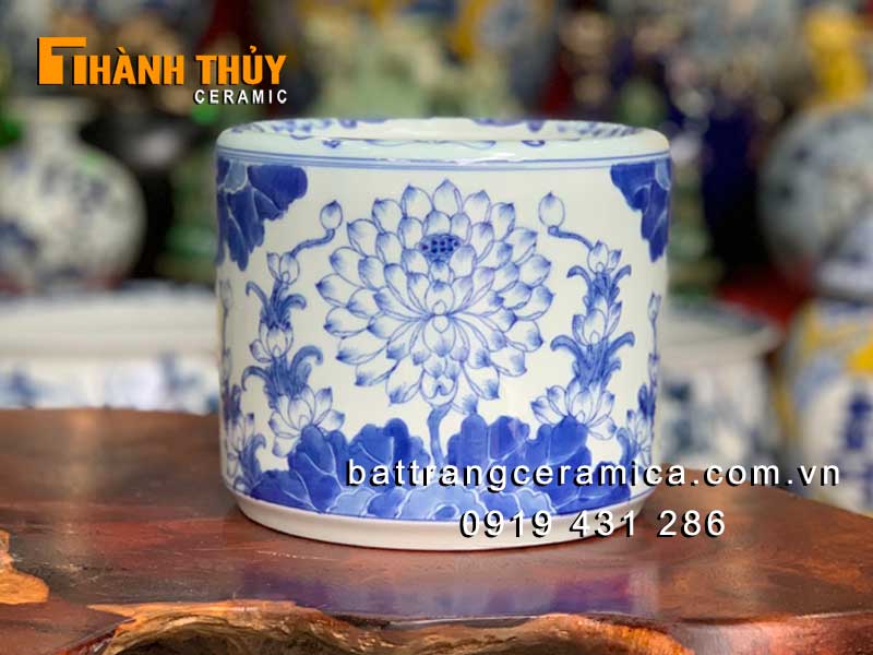 Bát hương vẽ sen 20cm gốm sứ Bát Tràng họa tiết tinh xảo