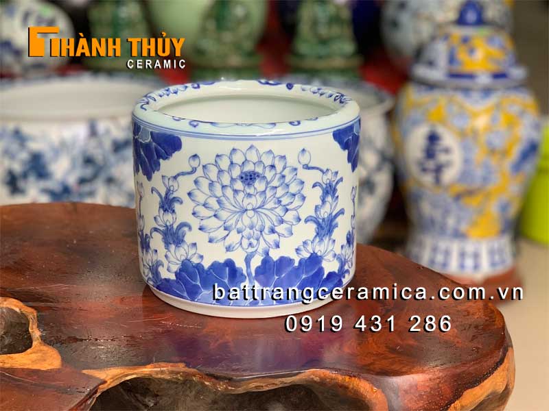Bát hương vẽ sen 20cm gốm sứ Bát Tràng họa tiết tinh xảo