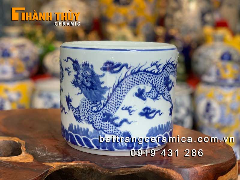 Bát hương song long chầu nguyệt 16cm men lam cao cấp sắc nét