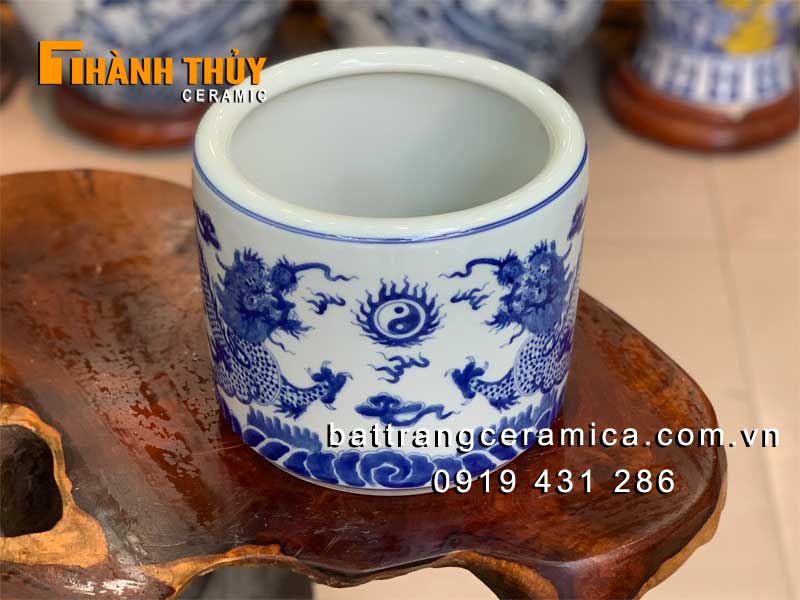 Bát hương song long chầu nguyệt 16cm men lam cao cấp sắc nét
