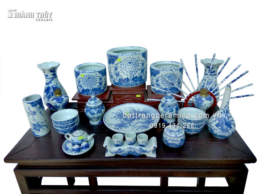 Bộ đồ thờ 02 Bát hương vẽ Sen cổ đẹp sang trọng giá tốt 