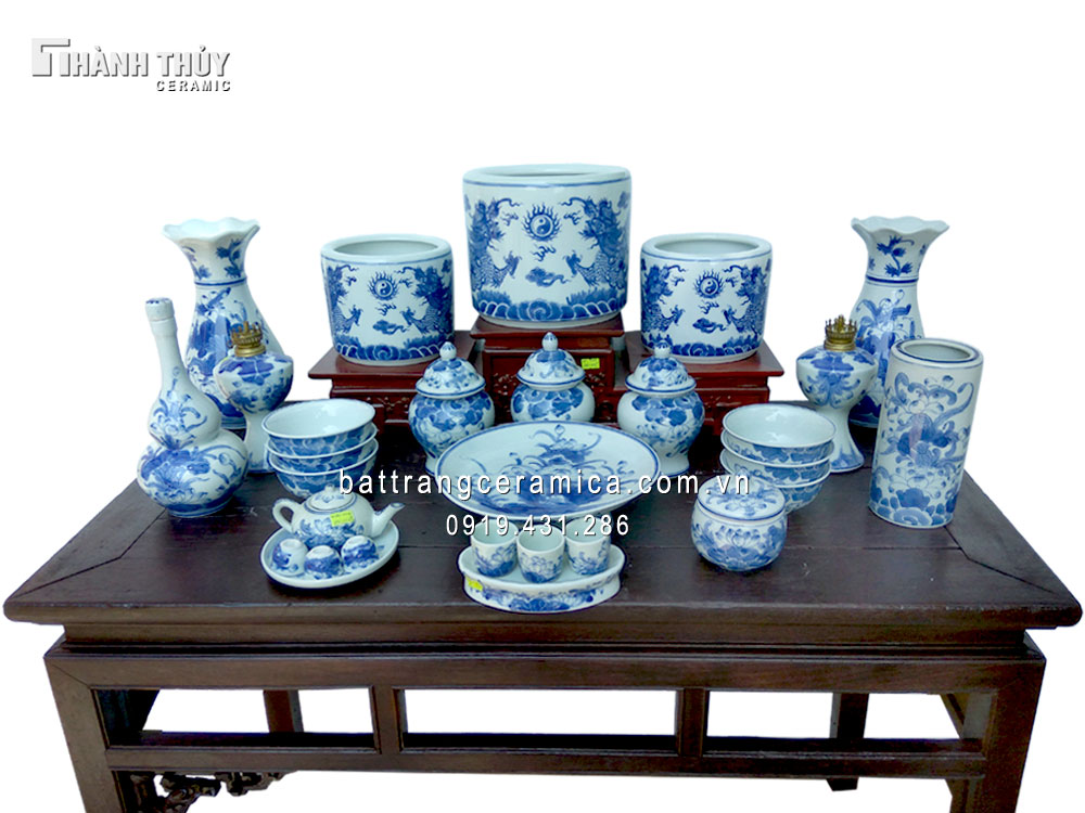 Bộ đồ thờ 03 cao cấp Rồng chầu nguyệt Bát hương sen quà tặng 