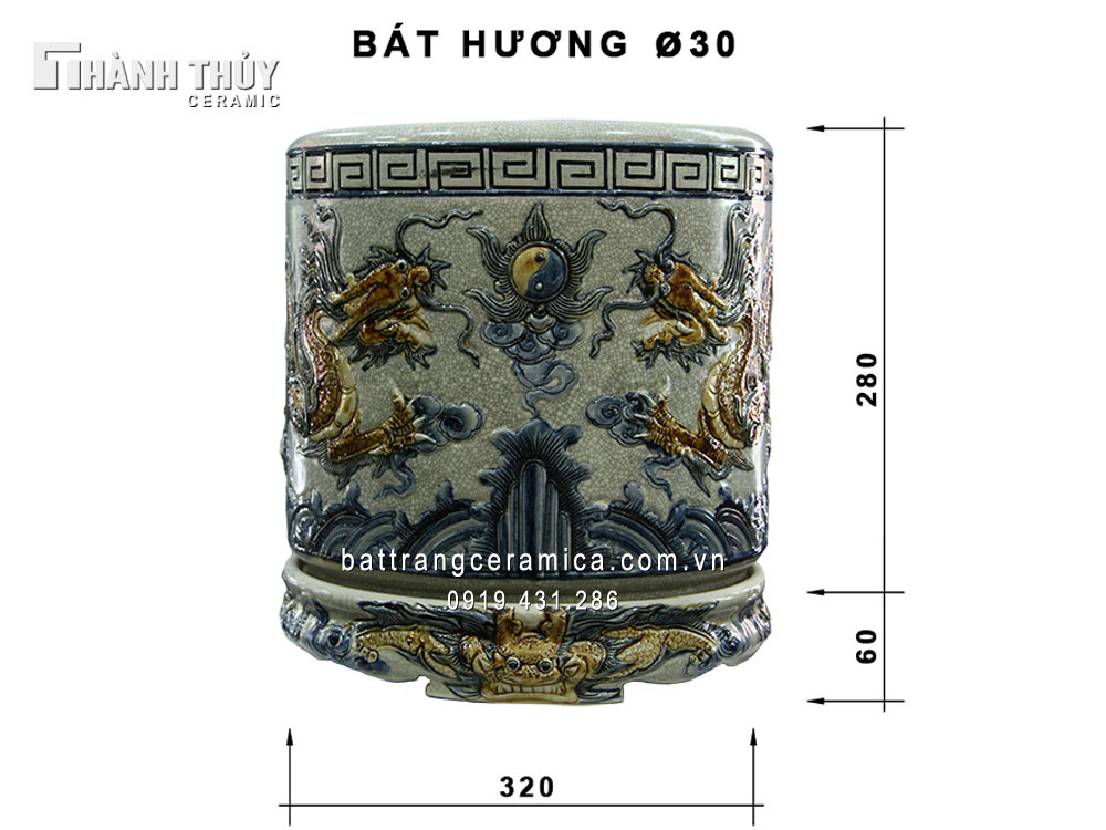 Bát hương men rạn rồng nổi phi 30 kỹ sang trọng đắt giá thờ cúng