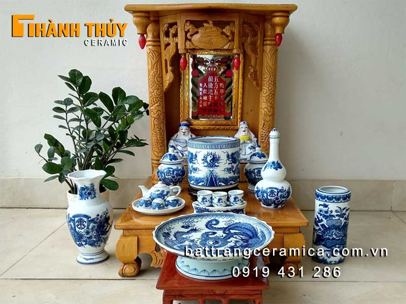 Bộ thờ thần tài men xanh Lam lộc phát 03 gốm Bát Tràng, phong thủy may mắn