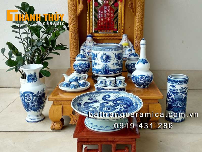 Bộ thờ thần tài men xanh Lam lộc phát 03 gốm Bát Tràng, phong thủy may mắn