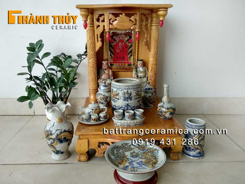 Bộ đồ thờ thần tài men rạn Lộc Phát 06 cao cấp Bát Tràng sang trọng tinh xảo