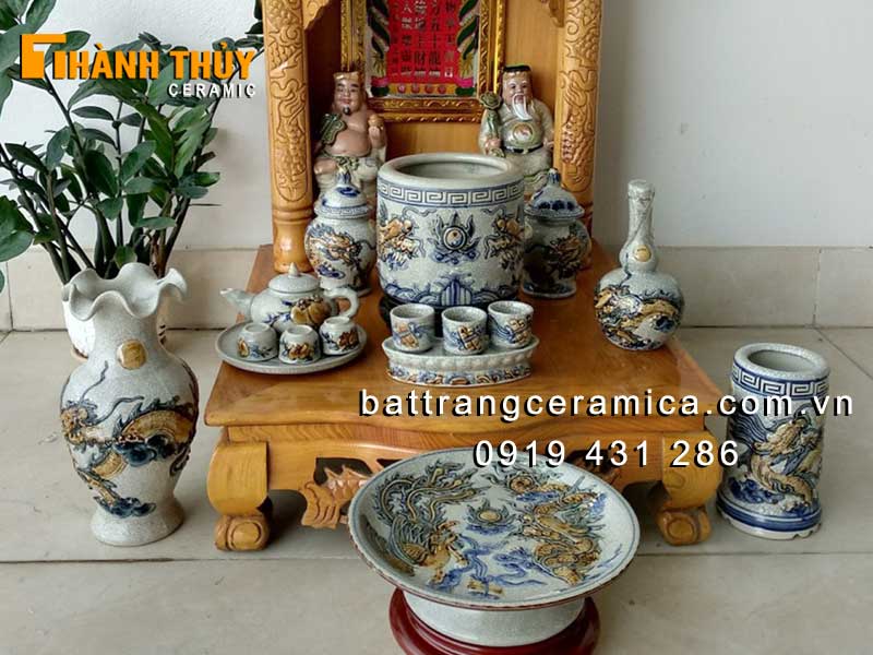 Bộ đồ thờ thần tài men rạn Lộc Phát 06 cao cấp Bát Tràng sang trọng tinh xảo
