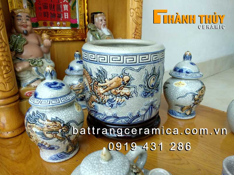 Bộ đồ thờ thần tài men rạn Lộc Phát 06 cao cấp Bát Tràng sang trọng tinh xảo