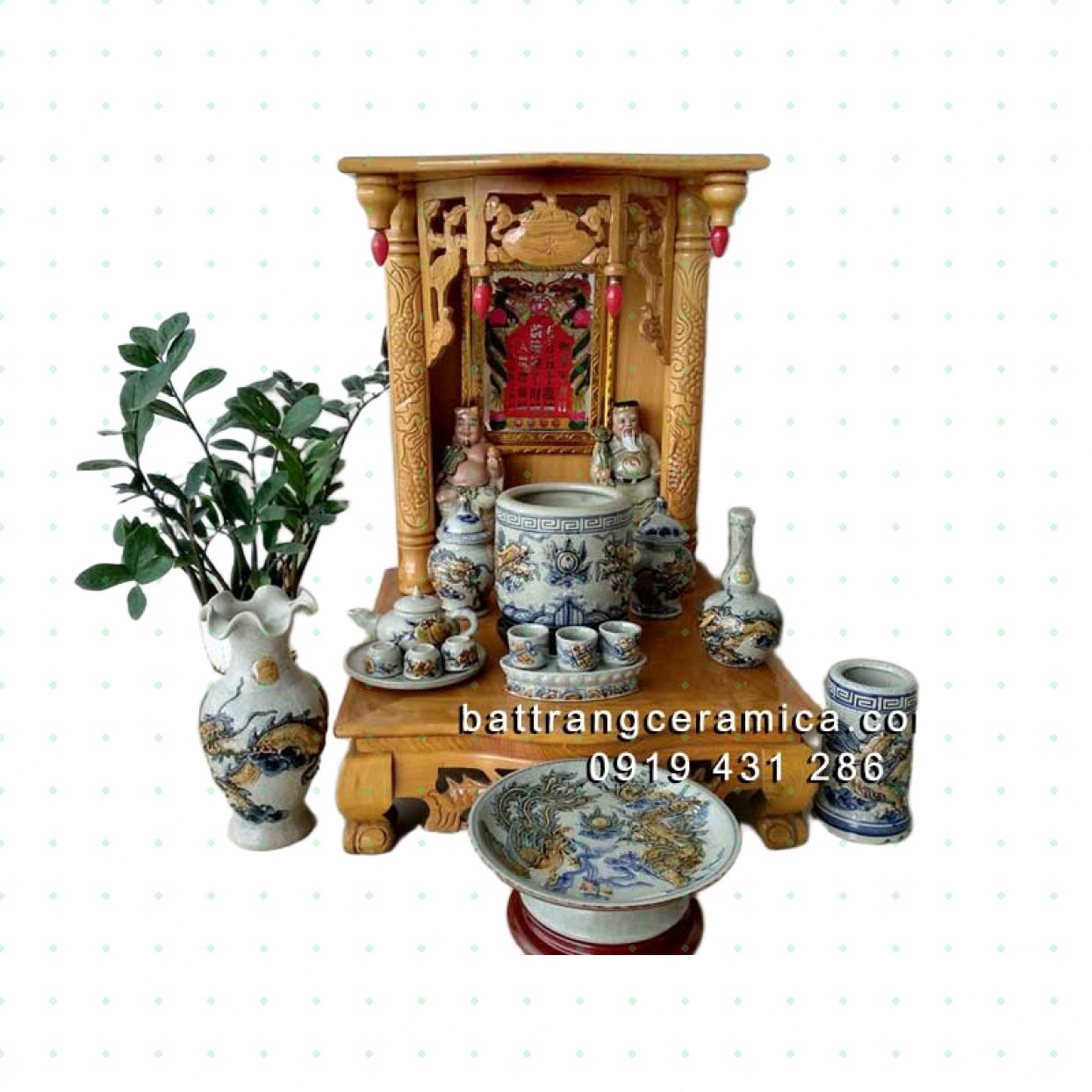 Bộ đồ thờ thần tài men rạn Lộc Phát 06 cao cấp Bát Tràng sang trọng tinh xảo 
