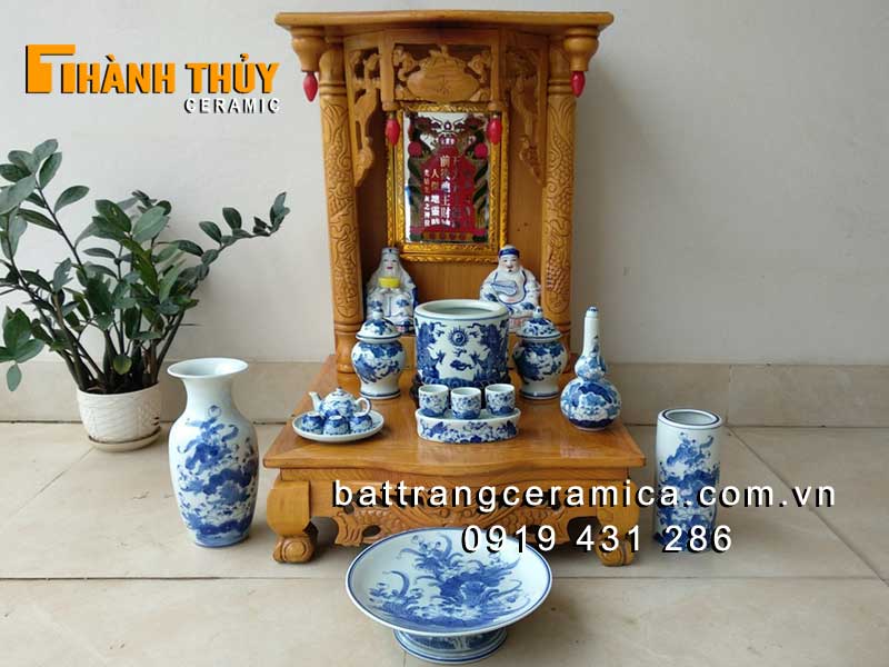 Bộ đồ thờ Thần Tài Bát Tràng men lam, may mắn tài lộc, bền đẹp 
