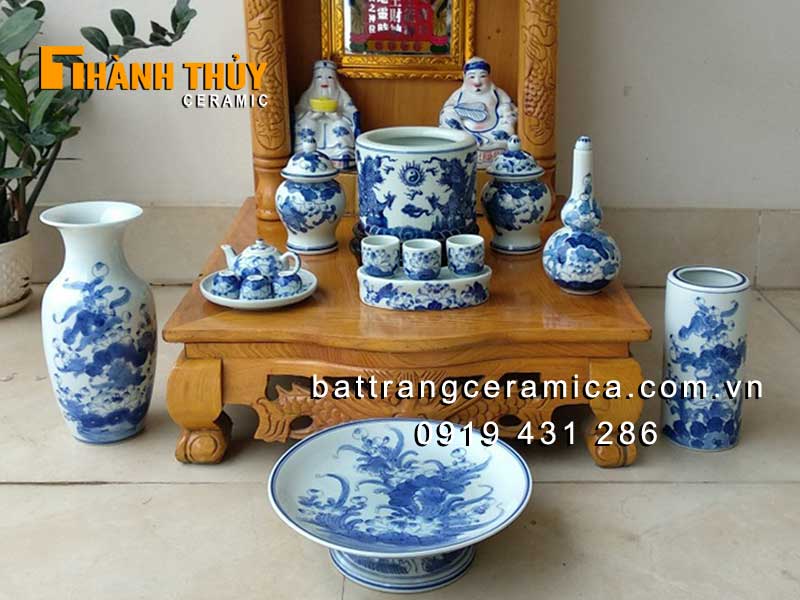 Bộ đồ thờ Thần Tài Bát Tràng men lam, may mắn tài lộc, bền đẹp