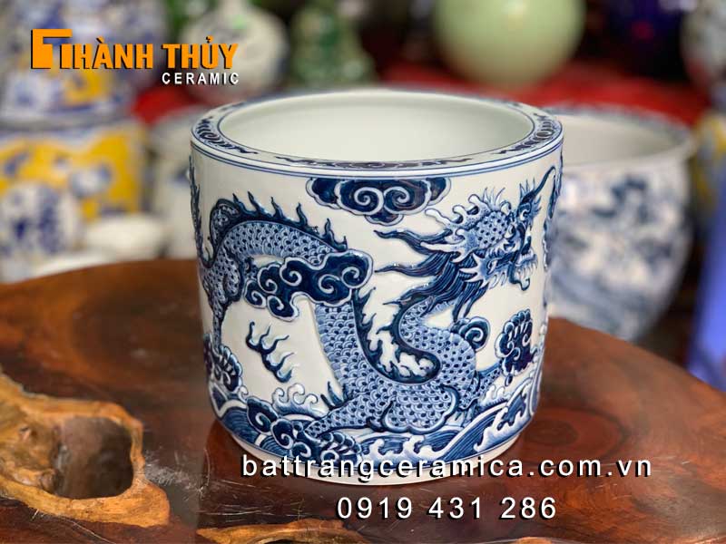 Bát hương Bát Tràng cao cấp 20cm nạo nổi men Lam đẹp mua ngay