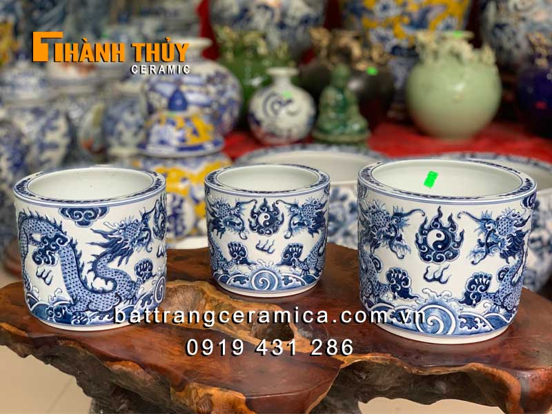 Bát hương Bát Tràng cao cấp 20cm nạo nổi men Lam đẹp mua ngay