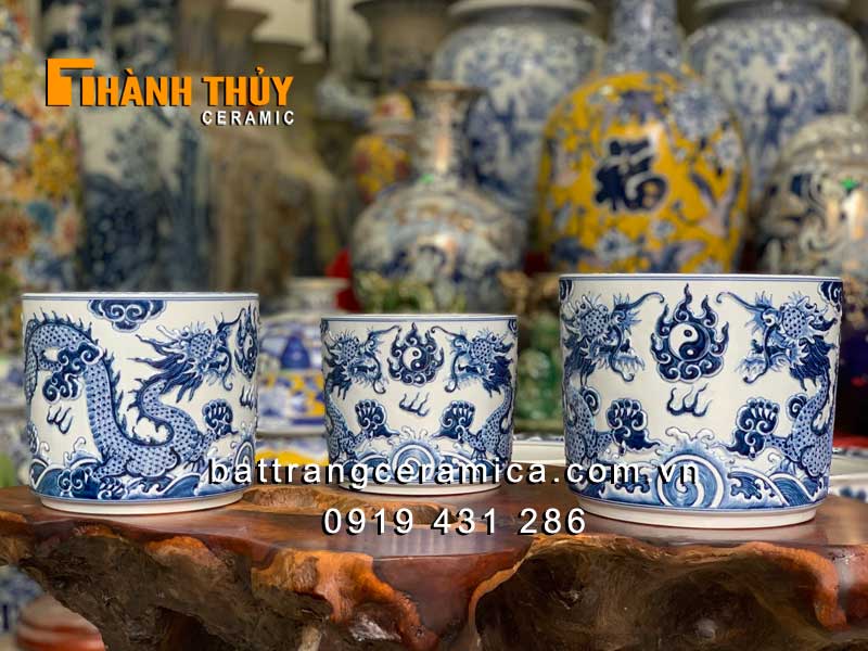 Bát hương Bát Tràng cao cấp 20cm nạo nổi men Lam đẹp mua ngay