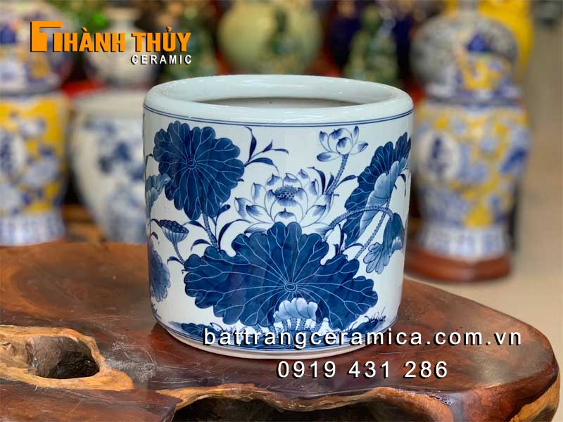 Bát hương Sen xanh Lam cao cấp vẽ tay chính hãng Bát Tràng